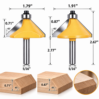 2PCS 45 Degree Chamfer Router Bit Set Carbide Tipped Edge Trimming Bits for Woodworking