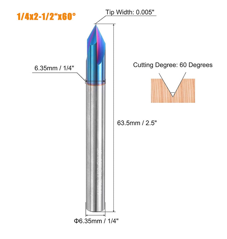 V Groove CNC Router Bit 1/4 Inch Shank, 3 Flute Carbide Chamfer End Mill 15° 30° 60° 90° Engraving Tool