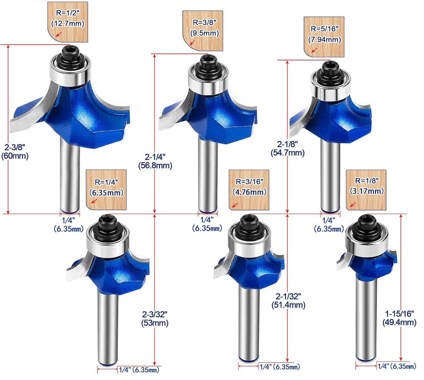 6Pcs Roundover Router Bits 1/4" Shank – Carbide Tip Edge Rounding with Bearing Guide