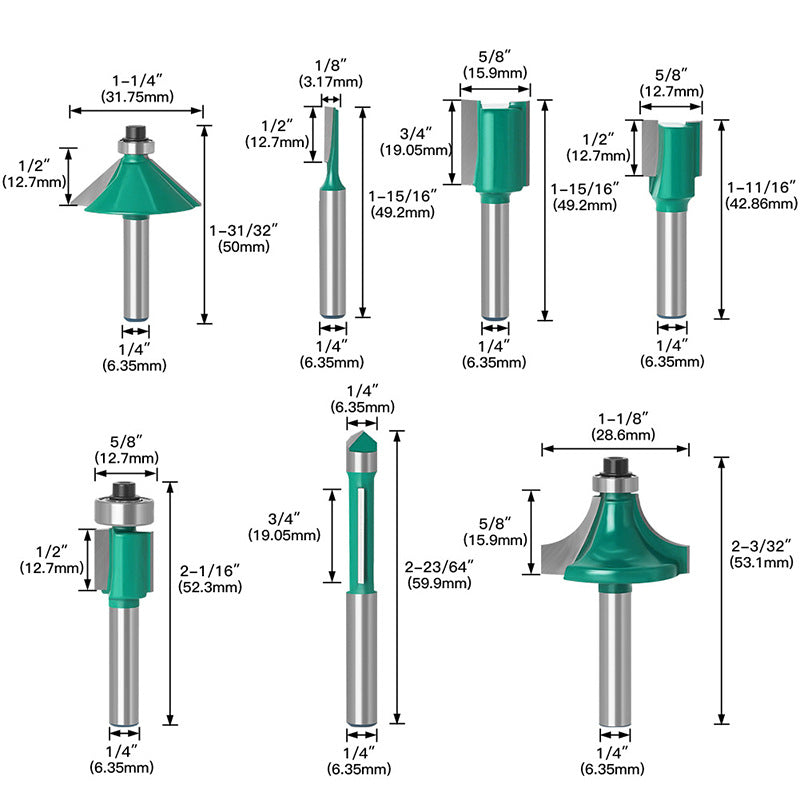 20 PCS 1/4”  Professional Carbide Milling Cutter Router Bits Set