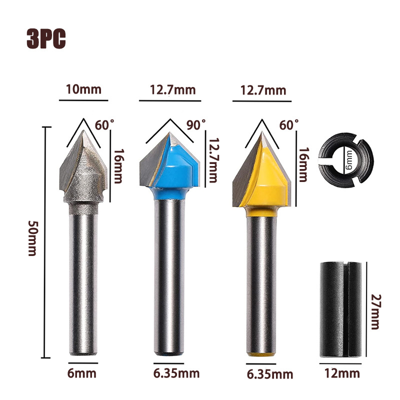 3 PCS V Groove Router Bit Set 60 & 90 Degree Carbide Tipped CNC Woodworking Engraving Bits