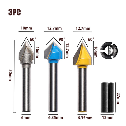 3 PCS V Groove Router Bit Set 60 & 90 Degree Carbide Tipped CNC Woodworking Engraving Bits
