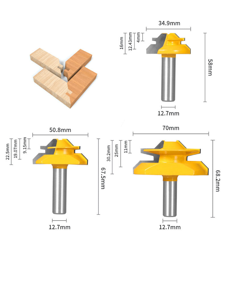 1PC or 3PCS 1/2" Shank 45° Lock Miter Router Bit Tungsten Carbide Woodworking Milling Cutter