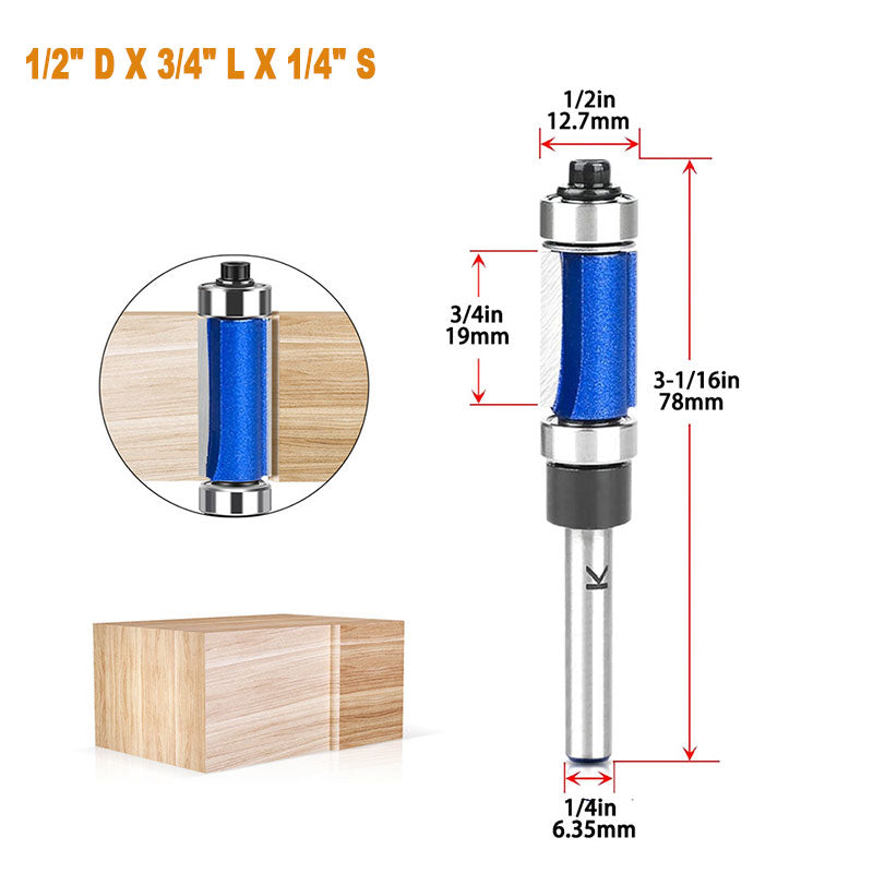 1/4" Shank Flush Trim Router Bit with Top and Bottom Bearings Carbide for Precision Woodworking