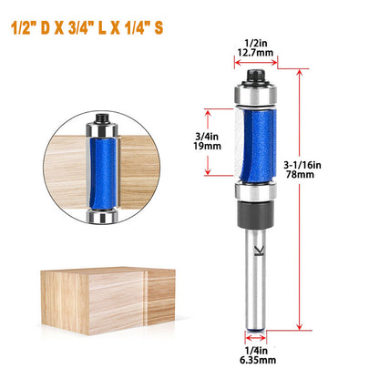 1/4" Shank Flush Trim Router Bit with Top and Bottom Bearings Carbide for Precision Woodworking