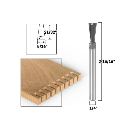 7° X 5/16" Solid Carbide Dovetail 1/4" Shank Router Bit