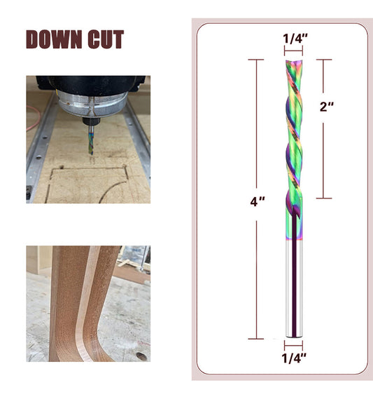 Downcut Spiral Router Bit, 2" Cutting Length, 4" Overall Length, TAC Coated Carbide CNC Router Bit for Wood Carving