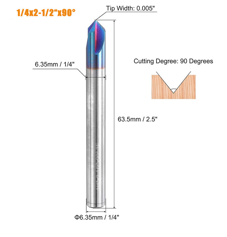 V Groove CNC Router Bit 1/4 Inch Shank, 3 Flute Carbide Chamfer End Mill 15° 30° 60° 90° Engraving Tool