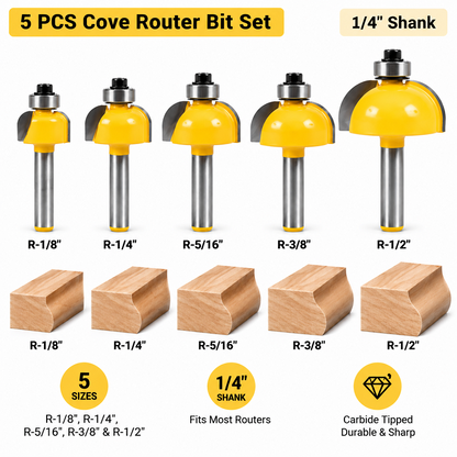 5 Bit Cove Edge Forming Router Bit Set, 1/4" Shank for Woodworking