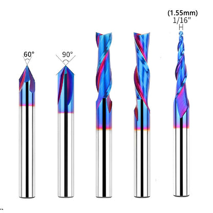 5PCS 1/4'' Shank Tungsten Carbide CNC Router Bits Set for Woodworking Carving Trimming V-Groove Engraving Sign Making Grooving Mortises