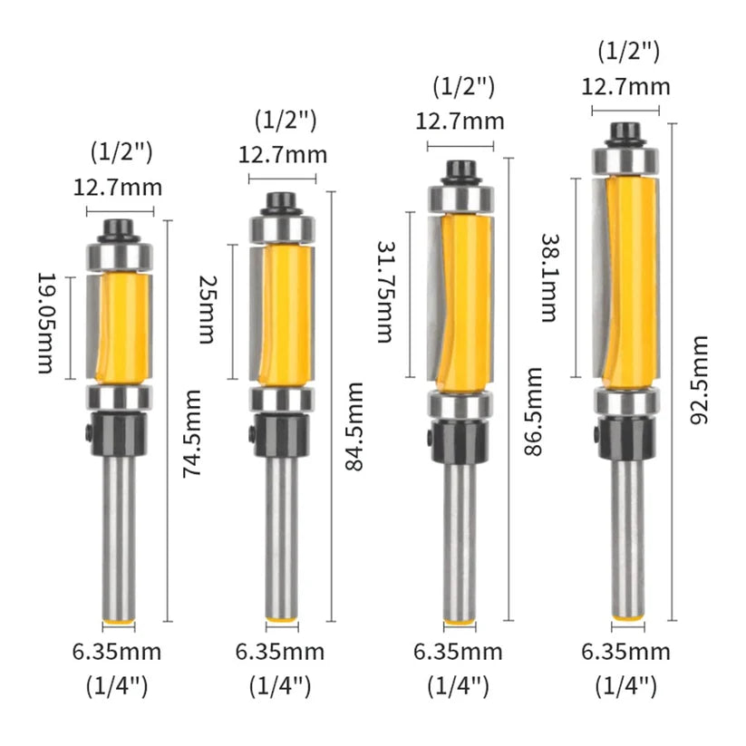 4 PSC Milling Cutter Flush Trim Bit with Double Bearing Router Bit Set