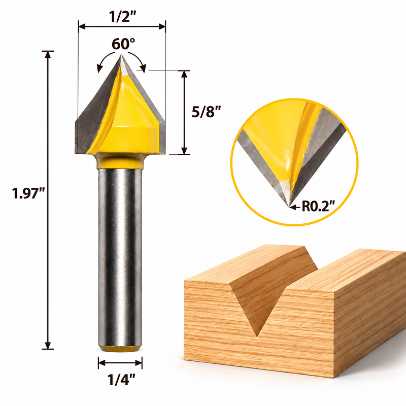 60 Degree V Groove Router Bit 1/4 Inch Shank Carbide Tipped Woodworking Bit