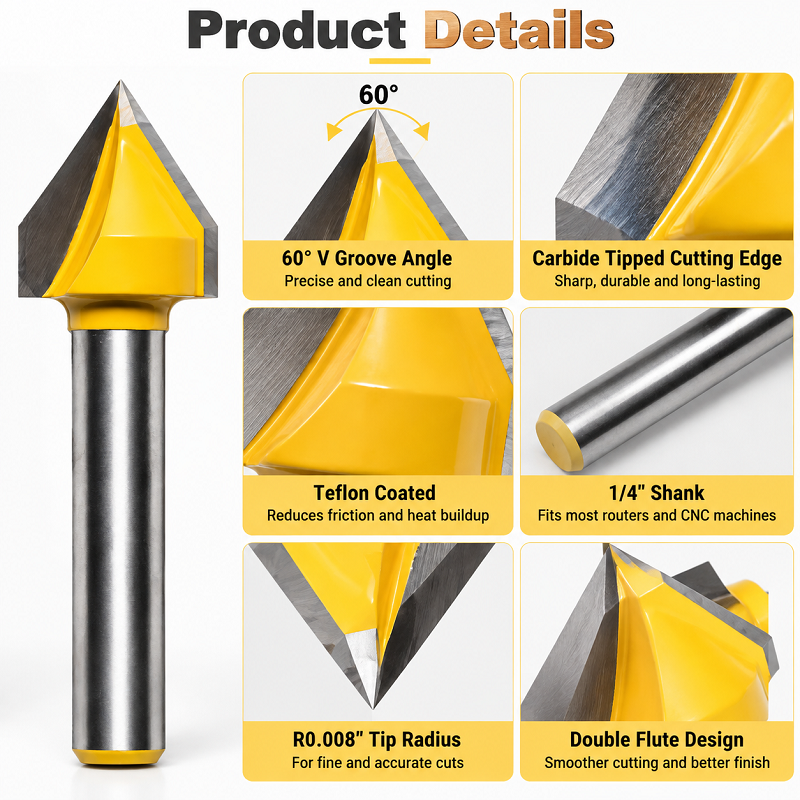60 Degree V Groove Router Bit 1/4 Inch Shank Carbide Tipped Woodworking Bit