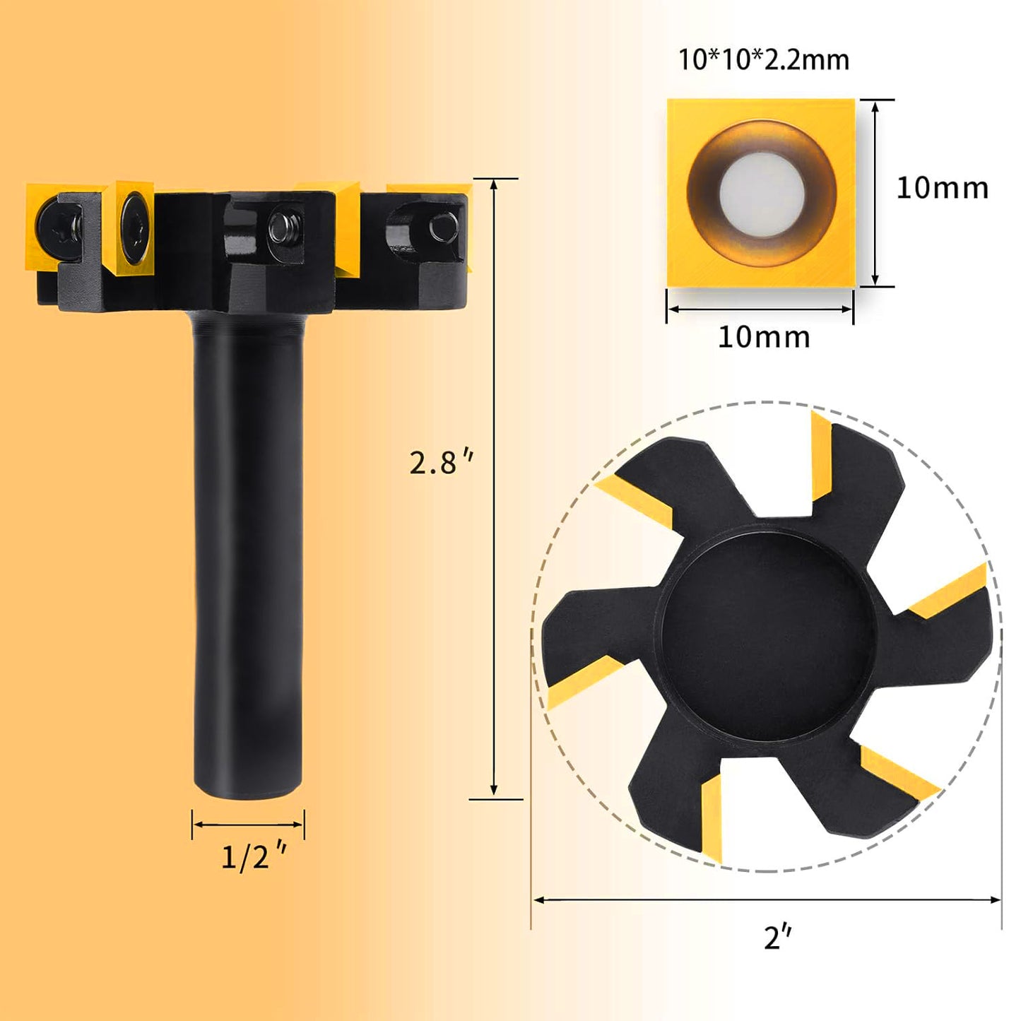 CNC Spoilboard Surfacing Router Bit, 1/2" Shank, 2" Cutting Diameter, 6-Wing Carbide Insert, Slab Flattening for Wood Planing