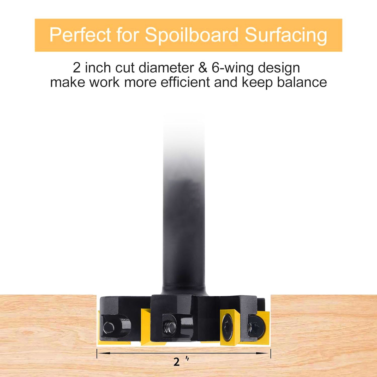 CNC Spoilboard Surfacing Router Bit, 1/2" Shank, 2" Cutting Diameter, 6-Wing Carbide Insert, Slab Flattening for Wood Planing