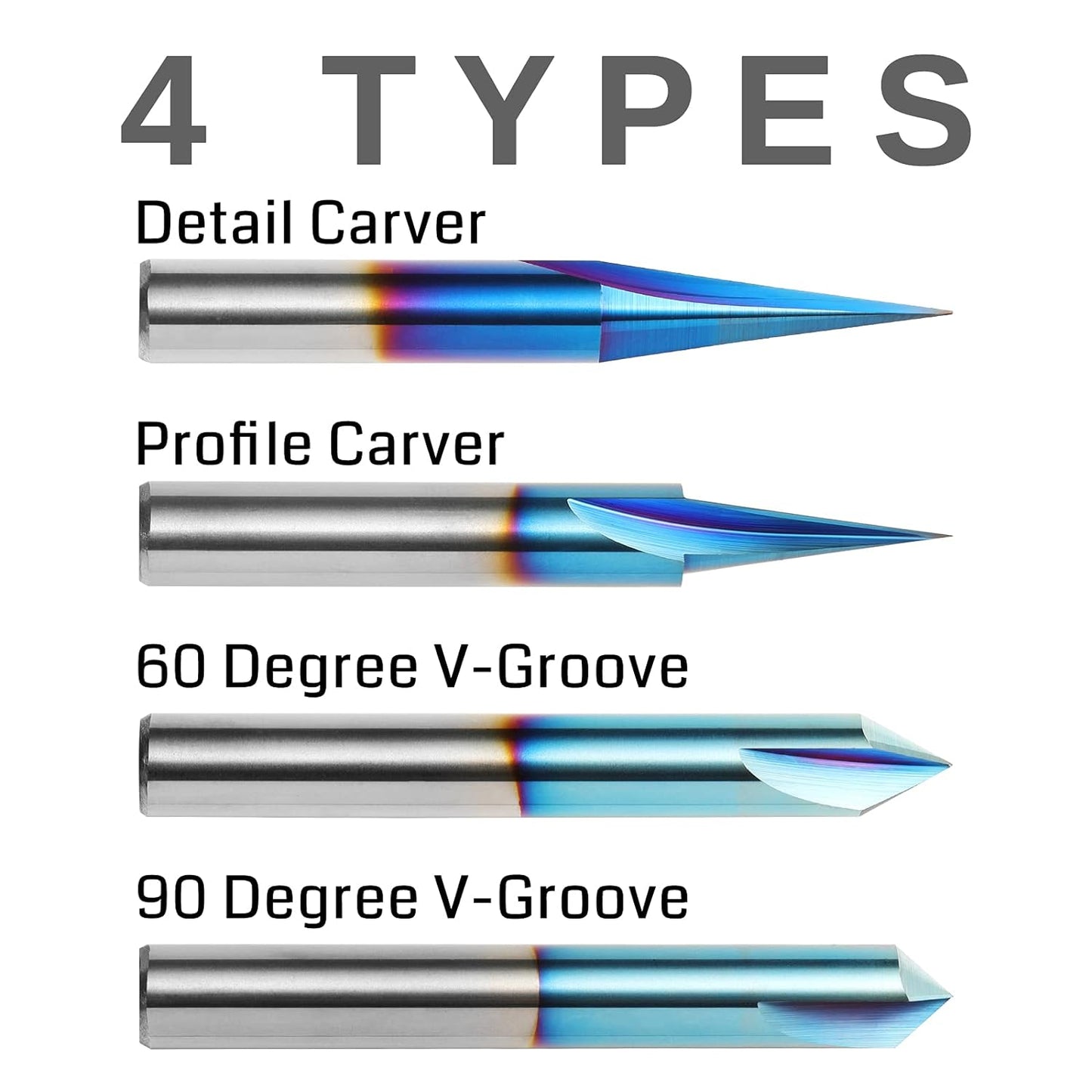 4PCS 1/4" Shank CNC Wood Carving Router Bits Set 15° Detail Carving Liner + 20° Profile Bit + 60° V Groove + 90° V Groove