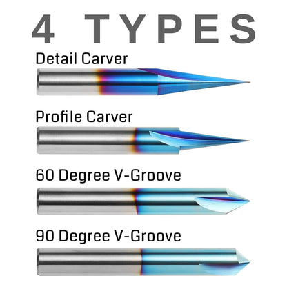 4PCS 1/4" Shank CNC Wood Carving Router Bits Set 15° Detail Carving Liner + 20° Profile Bit + 60° V Groove + 90° V Groove
