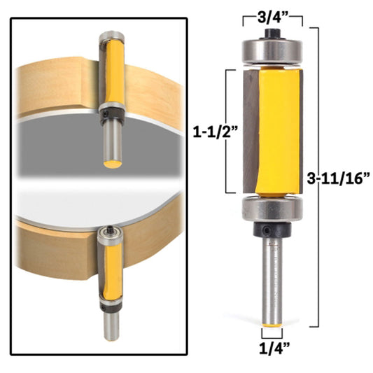 Flush Trim Top and Bottom Bearing 1 1/2" Cutting Length 1/4" Shank Router Bit