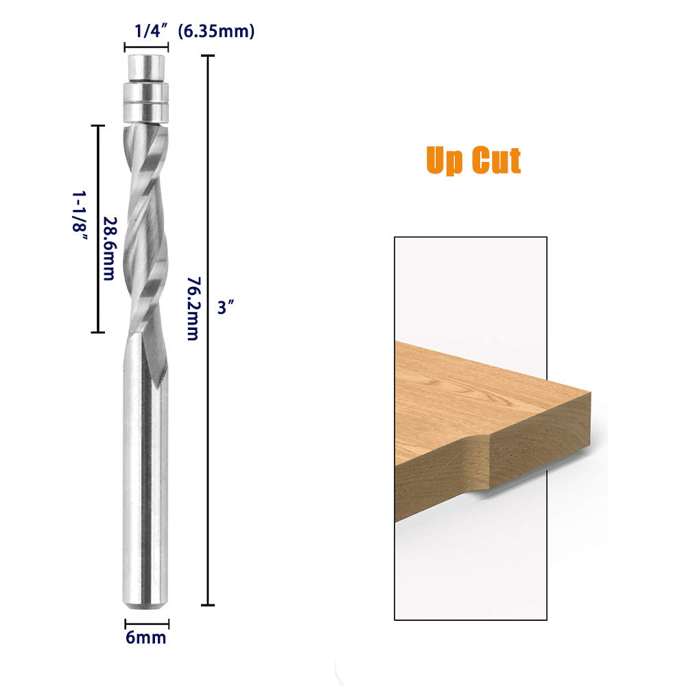 3 Pcs 6mm Tungsten Carbide Spiral Flush Trim Router Bit Set for End Mill Cutter with Bearing for Profiling Up/Down Spinning Compound