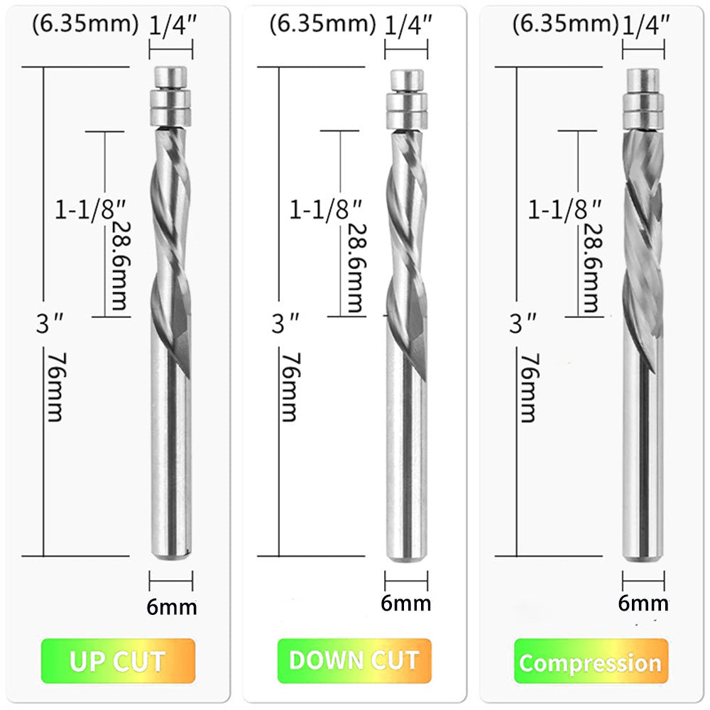 6mm Tungsten Carbide Spiral Flush Trim Router Bit with Bearing Up/Down Cut Compound End Mill Cutter for Profiling