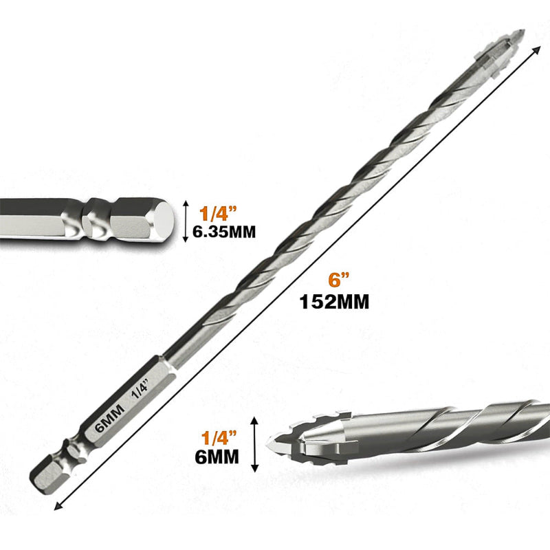 Upgraded 6 Inch (152mm) Masonry Drill Bit Collection Tungsten Carbide Serrated Bits for Concrete Tile Brick and More
