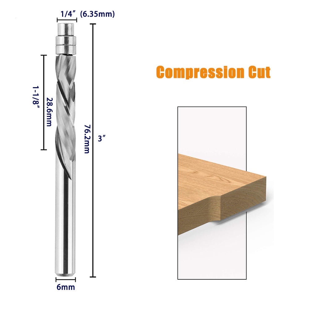 3 Pcs 6mm Tungsten Carbide Spiral Flush Trim Router Bit Set for End Mill Cutter with Bearing for Profiling Up/Down Spinning Compound