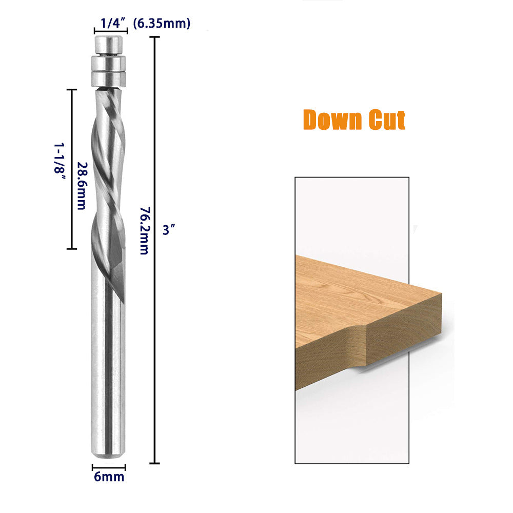 3 Pcs 6mm Tungsten Carbide Spiral Flush Trim Router Bit Set for End Mill Cutter with Bearing for Profiling Up/Down Spinning Compound