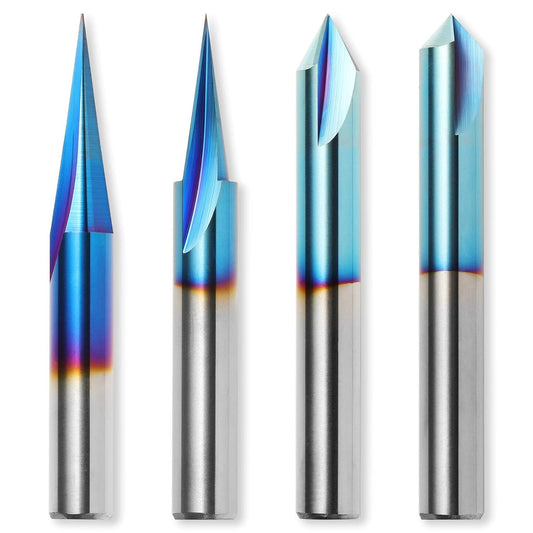 4PCS 1/4" Shank CNC Wood Carving Router Bits Set 15° Detail Carving Liner + 20° Profile Bit + 60° V Groove + 90° V Groove