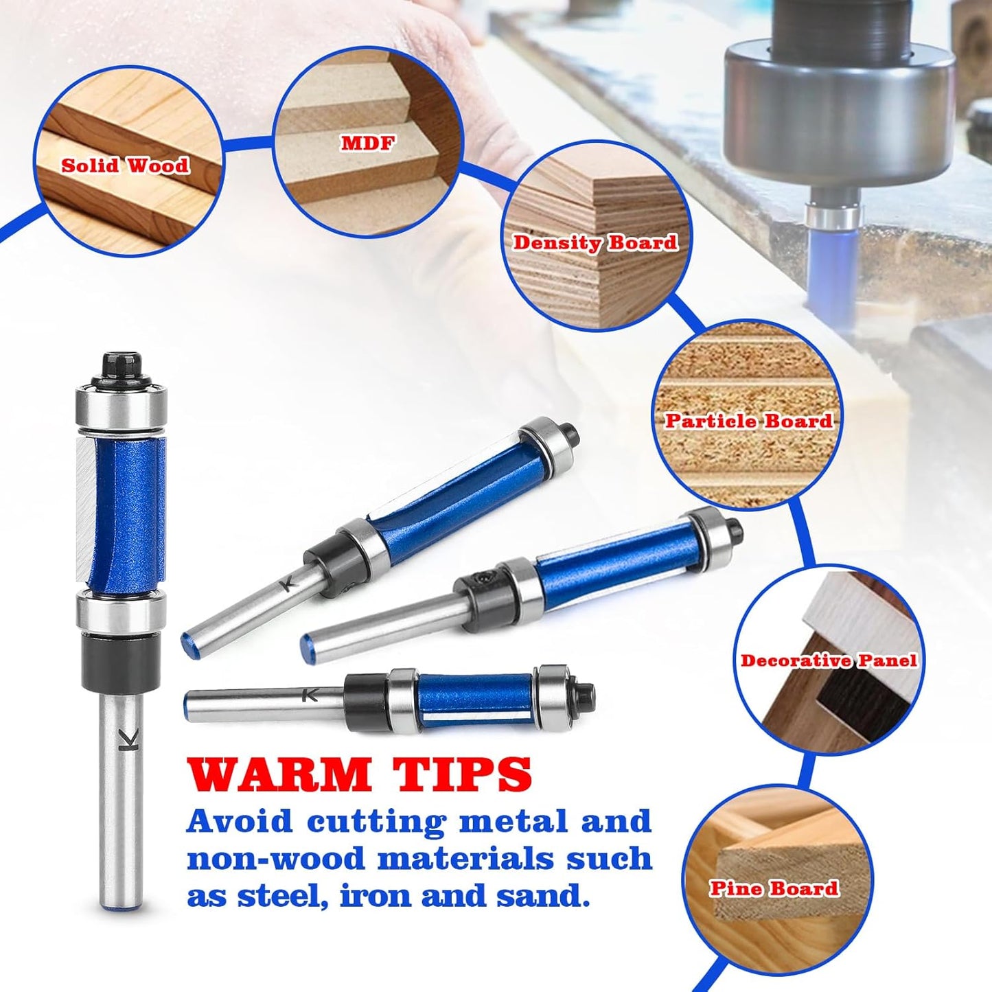 1/4" Shank Flush Trim Router Bit with Top and Bottom Bearings Carbide for Precision Woodworking