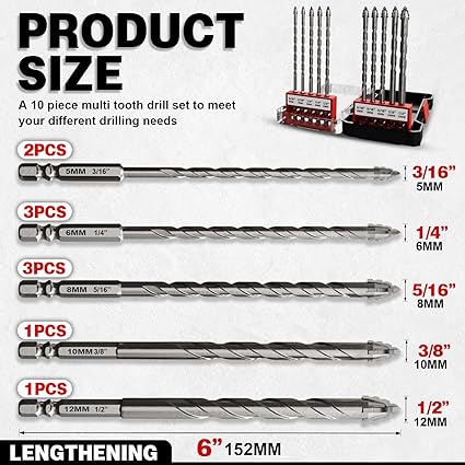 10-Piece 6 Inch (152mm) Tungsten Carbide Masonry Drill Bit Set for Concrete, Tile, Brick, Glass, Ceramic, Wood, and Plastic