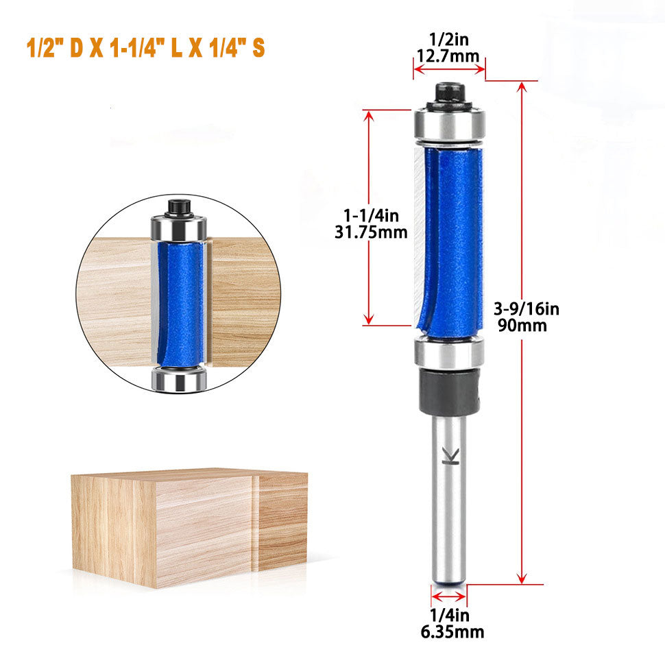 1/4" Shank Flush Trim Router Bit with Top and Bottom Bearings Carbide for Precision Woodworking