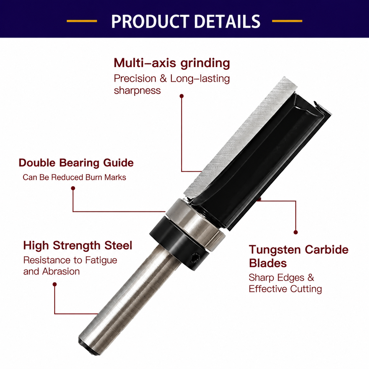 8 Piece Flush Trim Router Bit Set, 1/4" Shank, Carbide Tipped Top Bearing Pattern & Straight Trim Bits