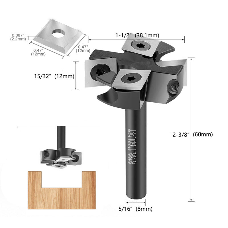 8mm Shank Anti Vibration 2+2 Carbide Insert Wood Router Bit with Removable Blade for Efficient Surfacing Slotting and Leveling
