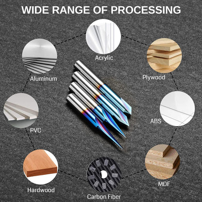 1/4" Shank CNC Wood Carving Router Bit Tungsten Carbide Nano Blue Coating for V-Groove Chamfering and Engraving