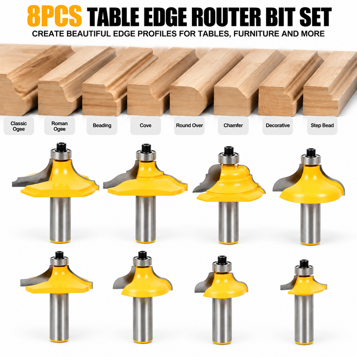 8PCS Table Edge Router Bit Set 1/2" Shank Carbide Tipped Woodworking Router Bits