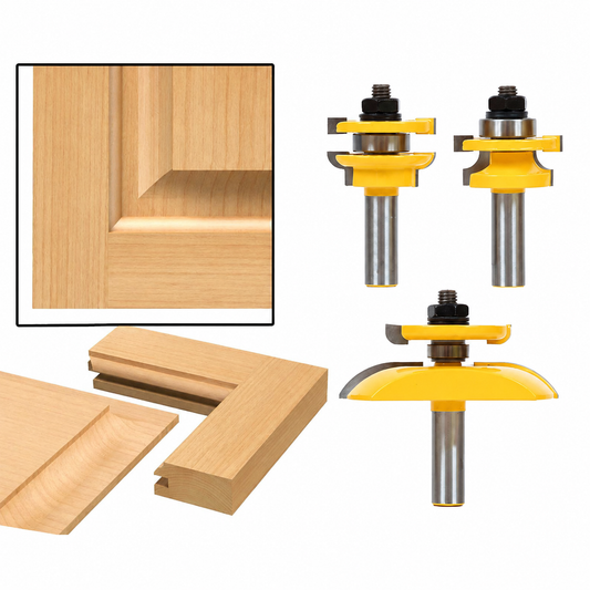 Round Over 3 Bit Raised Panel Cabinet Door 1/2" Shank Router Bit Set with Back cutter Panel Raiser