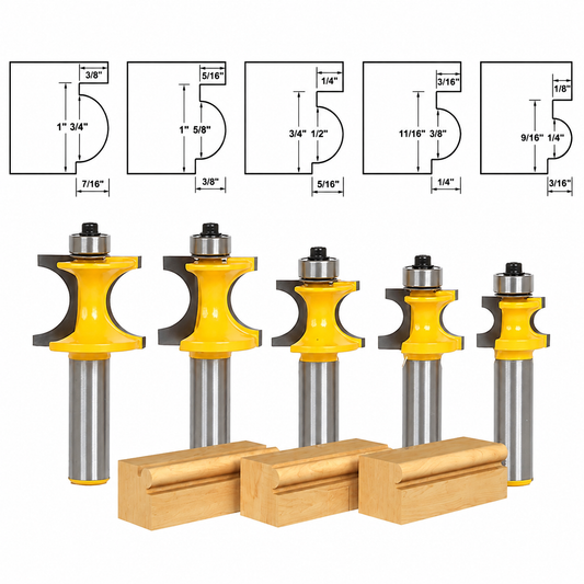 5 Bit Bullnose Beading Router Bit 1/2" Shank Set C3 Carbide Tipped