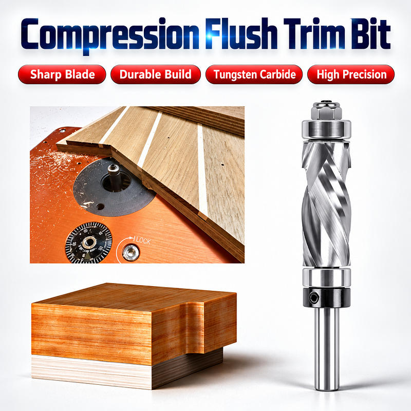 Double Bearing Spiral Flush Trim Router Bit, 1/4" Shank, 1/2" Cutting Diameter Compression Cutter for Woodworking