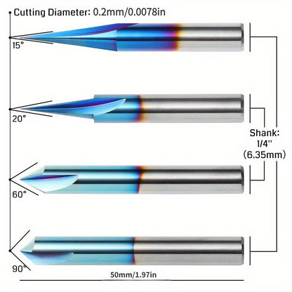 4PCS 1/4" Shank CNC Wood Carving Router Bits Set 15° Detail Carving Liner + 20° Profile Bit + 60° V Groove + 90° V Groove
