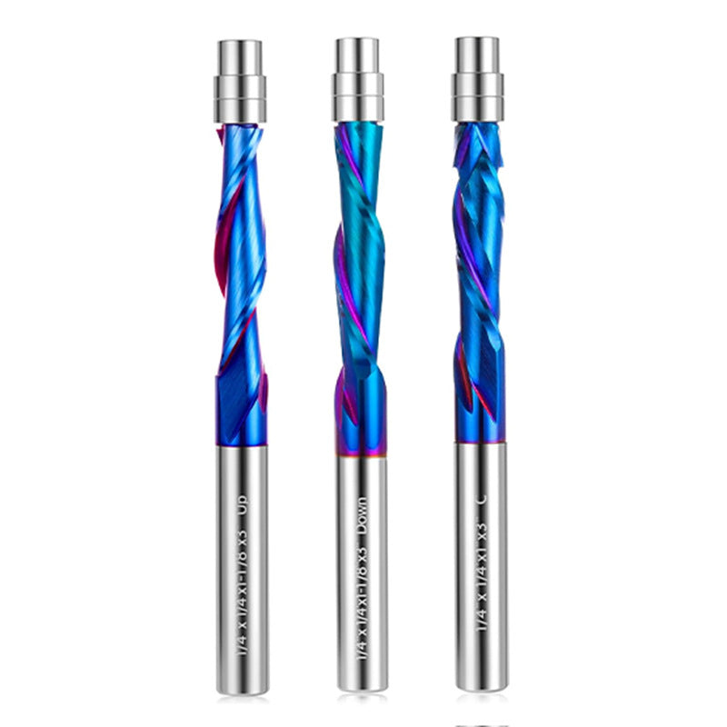 3 Pcs 1/4'' Shank 1-1/8'' CL Flush Trim Up/Down Cut Compression Spiral CNC Carbide Router Bit Set with Nano Coating for Woodworking