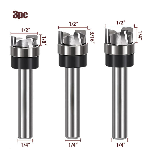 3PCS Spiral Flush Trim Router Bit Set, 1/2" Dia, 1/4" Shank, 3-Flute Down Cut Bits for Trimming, Dado & Bottom Cleaning