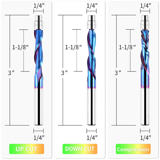 3 Pcs 1/4'' Shank 1-1/8'' CL Flush Trim Up/Down Cut Compression Spiral CNC Carbide Router Bit Set with Nano Coating for Woodworking