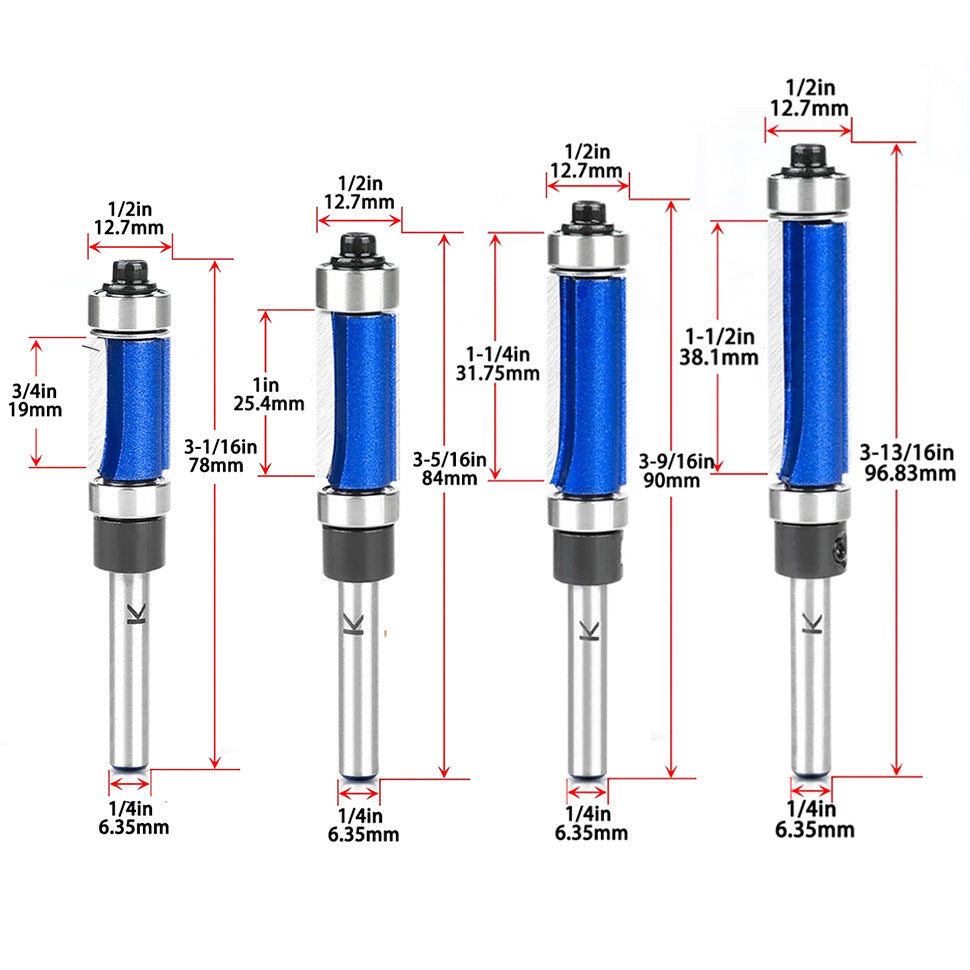 4-Piece Flush Trim Router Bits 3/4", 1", 1-1/4", 1-1/2" Cutting Length 1/4" Shank Carbide Top and Bottom Bearings for Woodworking