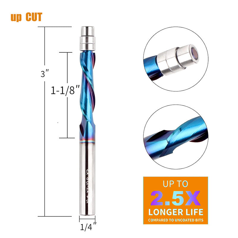 3 Pcs 1/4'' Shank 1-1/8'' CL Flush Trim Up/Down Cut Compression Spiral CNC Carbide Router Bit Set with Nano Coating for Woodworking