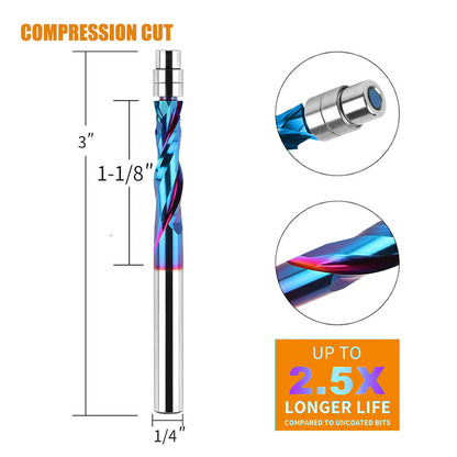3 Pcs 1/4'' Shank 1-1/8'' CL Flush Trim Up/Down Cut Compression Spiral CNC Carbide Router Bit Set with Nano Coating for Woodworking