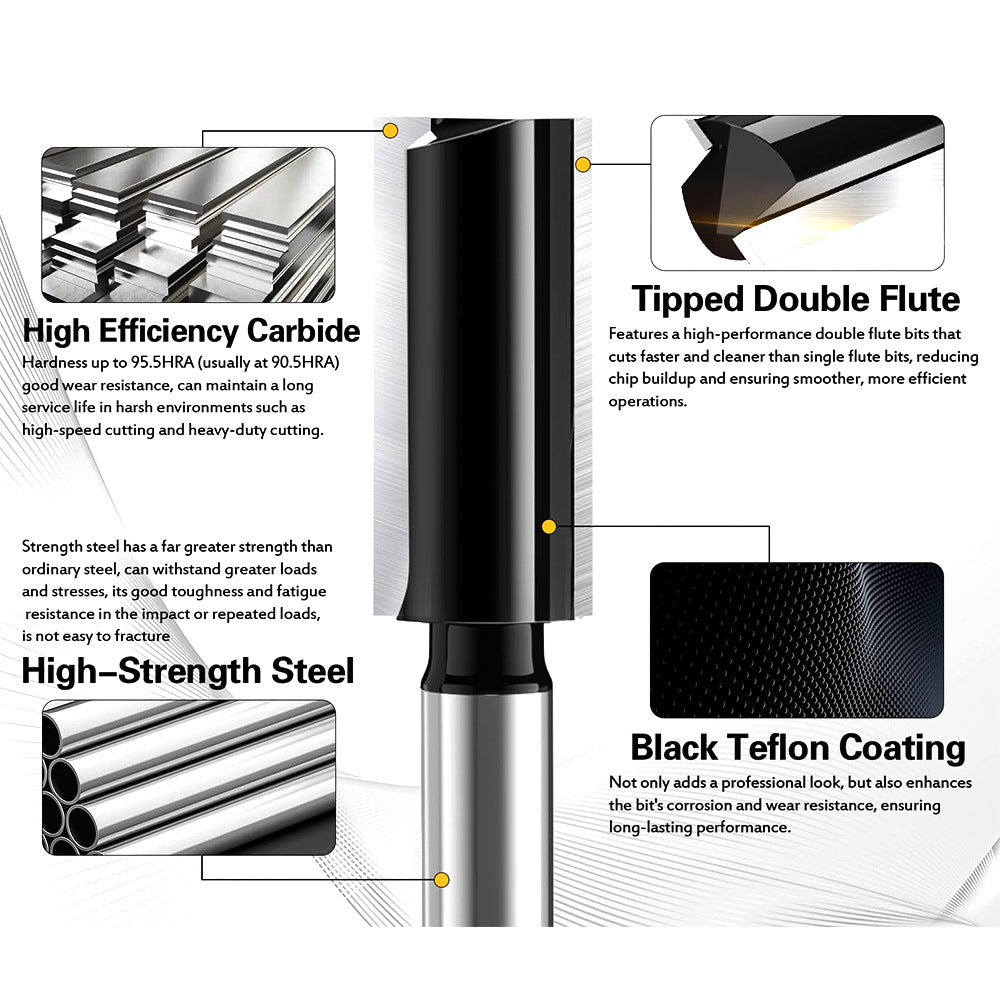 7pcs Straight Router Bit Set Black Grooving Milling Cutter 1/4" Shank Double Flute Dado Cutter for Woodworking