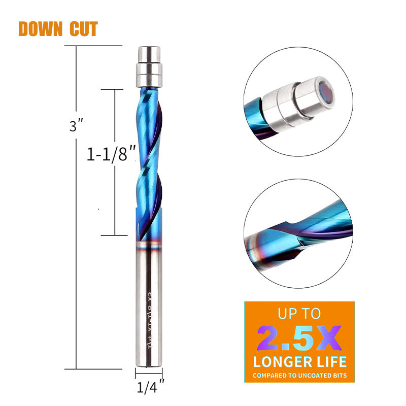 3 Pcs 1/4'' Shank 1-1/8'' CL Flush Trim Up/Down Cut Compression Spiral CNC Carbide Router Bit Set with Nano Coating for Woodworking