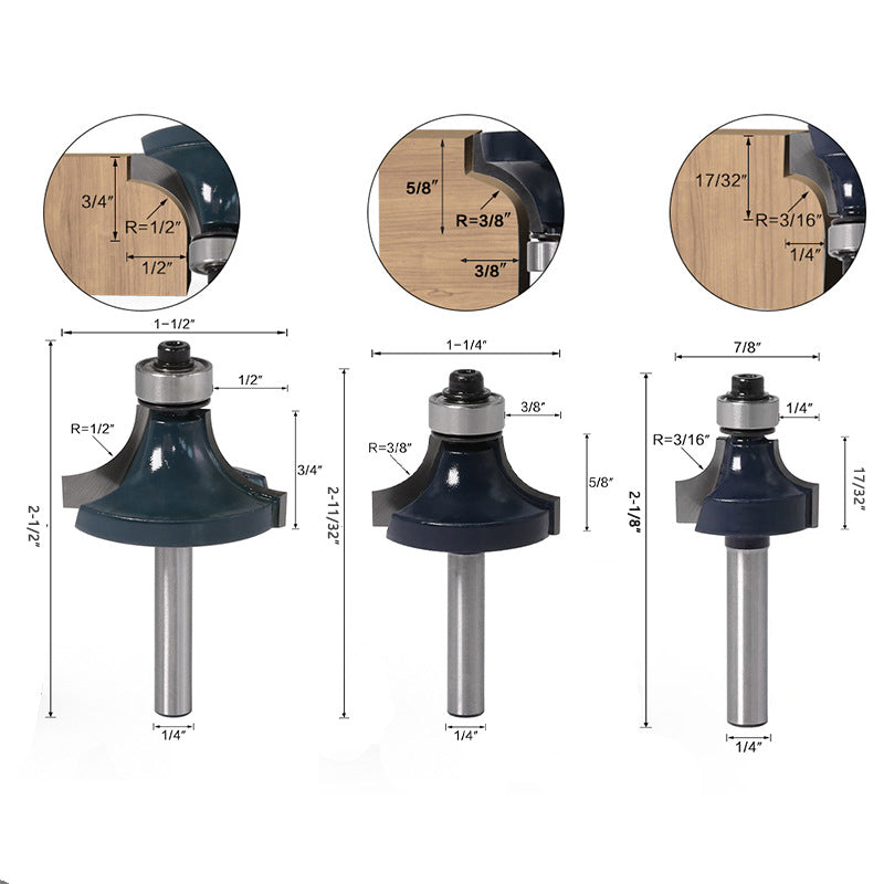 Trend Round Over Router Bit Set 3pcs 1/4