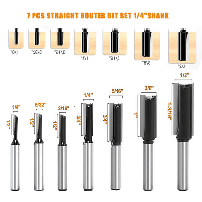 7pcs Straight Router Bit Set Black Grooving Milling Cutter 1/4" Shank Double Flute Dado Cutter for Woodworking