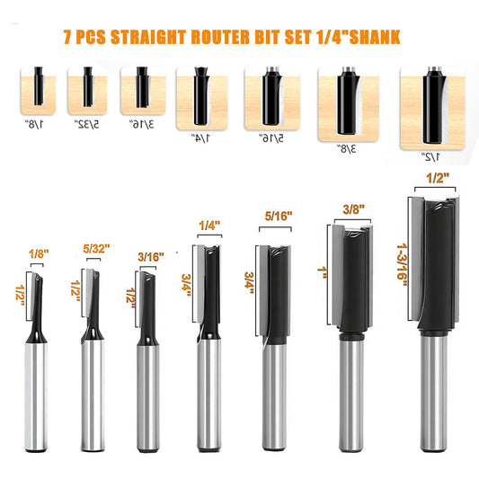 7pcs Straight Router Bit Set Black Grooving Milling Cutter 1/4" Shank Double Flute Dado Cutter for Woodworking